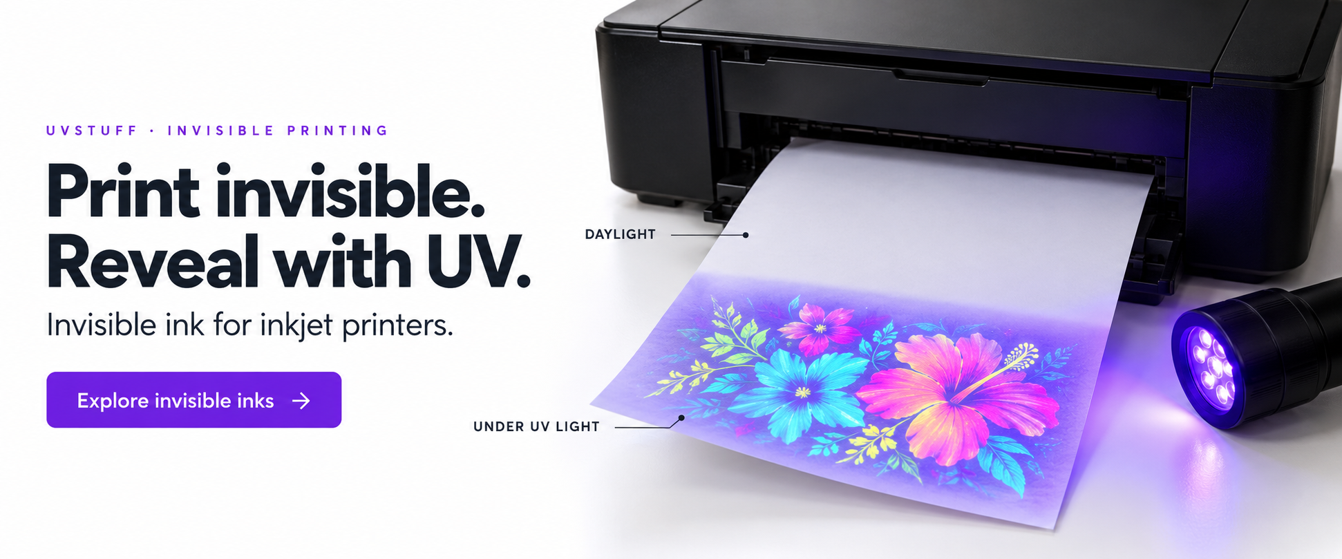 Print invisible. Reveal with UV. Invisible ink for inkjet printers.
